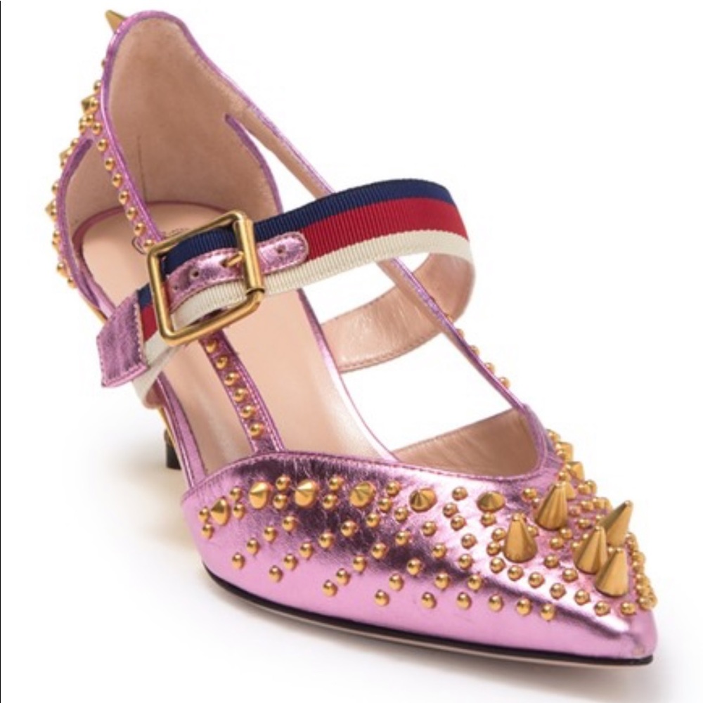 Gucci Spikes Metallic Pink Pump Mary Jane Shoes.